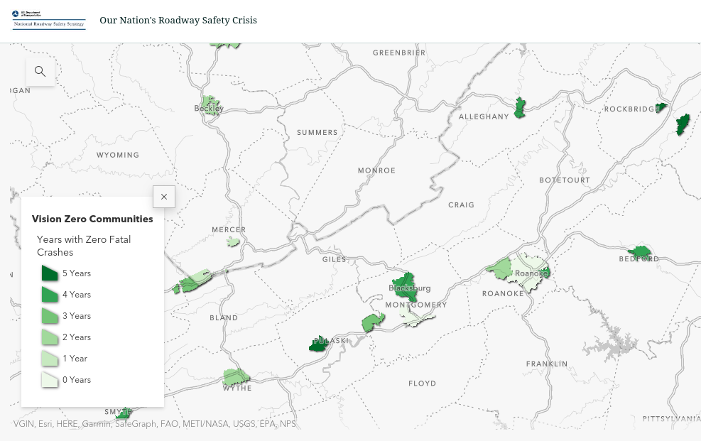 Map of communities with years with zero traffic deaths